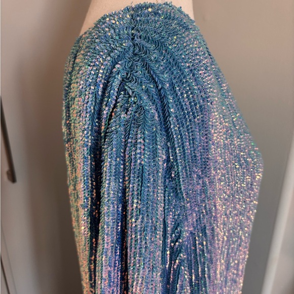 Blue Iridescent Sequin Retrofete One-Shoulder Dress - Picture 3 of 13